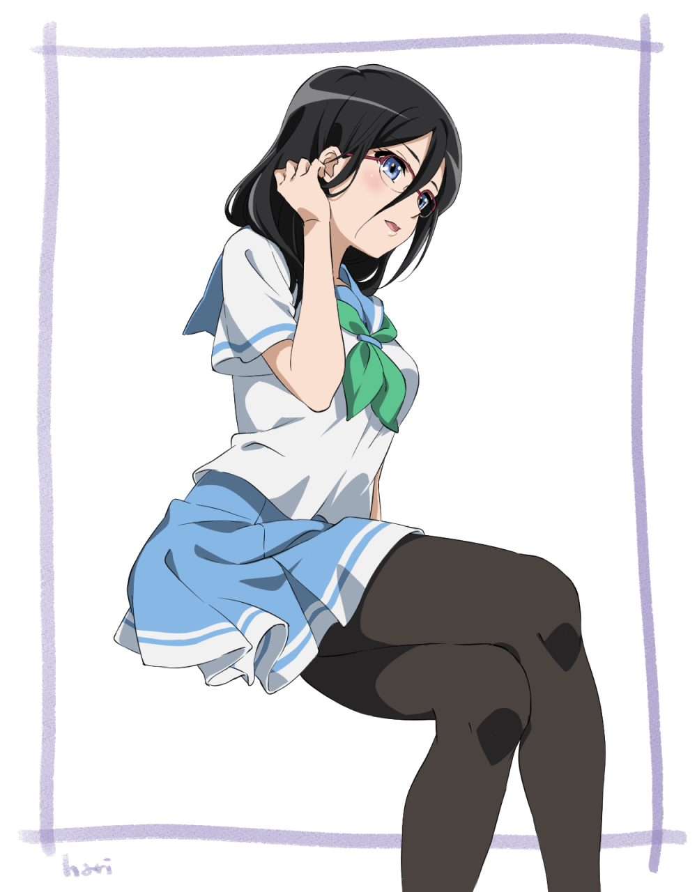 1girl, adjusting_hair, black_hair, black_legwear, blue_eyes, blue_skirt, crossed_legs, feet_out_of_frame