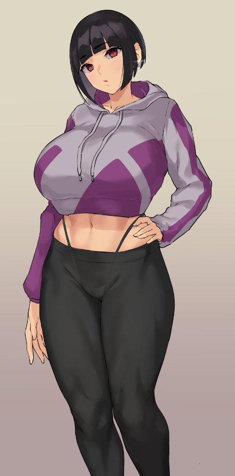 1girl, bangs, black_hair, black_panties, blunt_bangs, breasts, cropped_jacket, earrings, eyebrows_visible_through_hair, gradient, gradient_background, hand_on_hip, highleg, highleg_panties, hood, hood_down, hooded_jacket, huge_breasts, jacket, jewelry, long_sleeves, midriff, navel, obmas_(pfeito), original, panties, pants, red_eyes, short_hair, simple_background, single_earring, solo, sparkle, underwear, yoga_pants