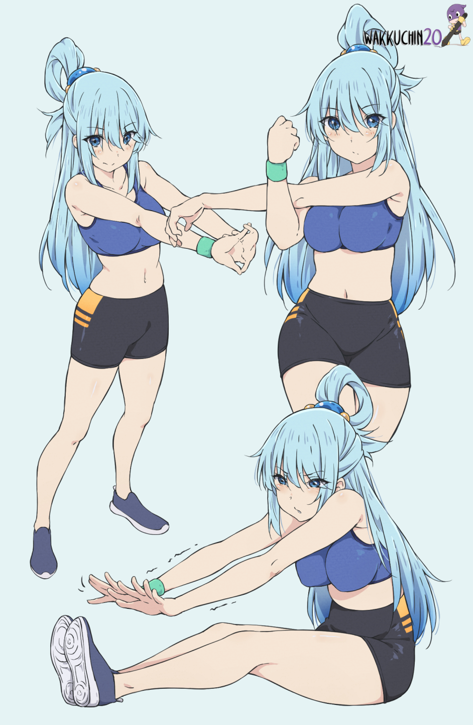 1girl, aqua_(konosuba), aqua_wristband, artist_name, bangs, bare_arms, bare_legs, bike_shorts, black_shorts, blue_background, blue_eyes, blue_footwear, blue_hair, blue_sports_bra, breasts, closed_mouth, commentary, english_commentary, eyebrows_visible_through_hair, eyes_visible_through_hair, hair_over_eyes, hair_rings, hands_up, highres, impossible_clothes, impossible_shirt, kono_subarashii_sekai_ni_shukufuku_wo!, large_breasts, long_hair, looking_at_viewer, multiple_views, navel, shirt, shoe_soles, shoes, shorts, simple_background, sitting, skin_tight, sneakers, sports_bra, sportswear, stretch, trembling, wakkuchin20, watermark, wristband