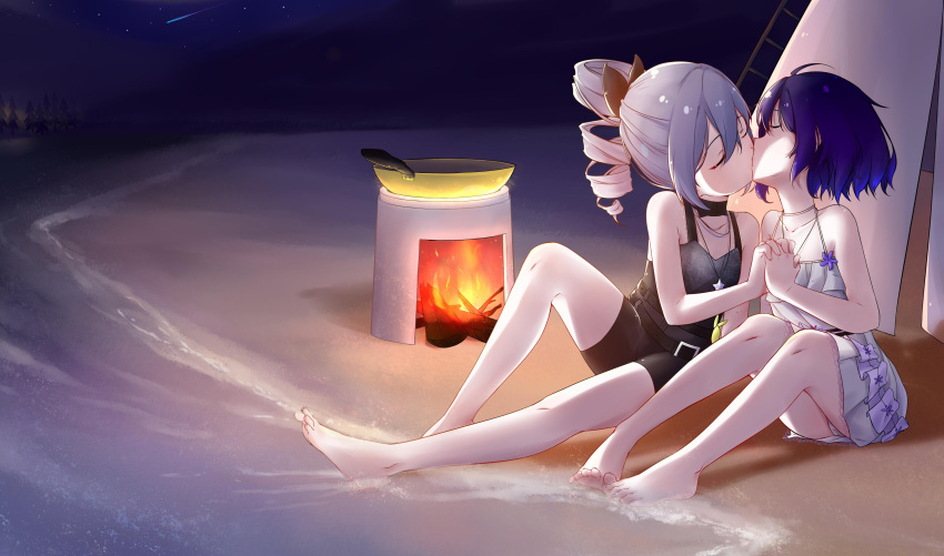 2girls, absurdres, bare_shoulders, barefoot, beach, black_ribbon, blue_hair, bronya_zaychik