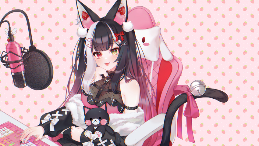 1girl, 2nii, animal_ears, bangs, bell, black_hair, commission, dip-dyed_hair