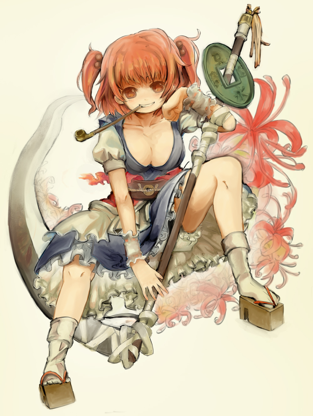 breasts, cleavage, hair_bobbles, hair_ornament, highres, kiseru, onozuka_komachi, pipe
