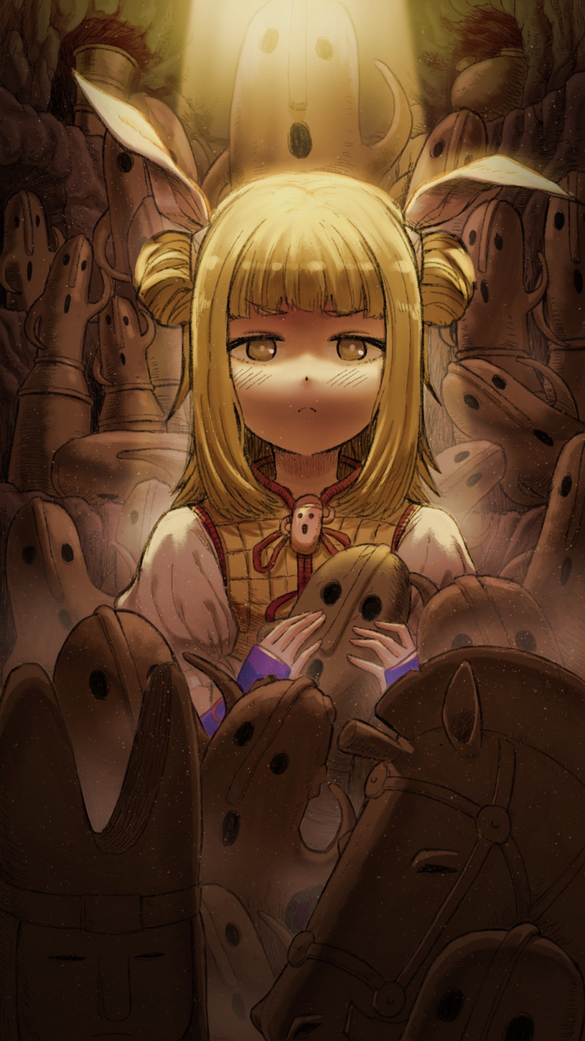 1girl, armor, armored_dress, bangs, blonde_hair, blunt_bangs, bright_pupils, closed_mouth, commentary_request, double_bun, eyebrows_visible_through_hair, gobgokao, hair_ribbon, haniwa_(statue), highres, holding, joutouguu_mayumi, light_rays, medium_hair, puffy_short_sleeves, puffy_sleeves, ribbon, serious, short_sleeves, solo, touhou, upper_body, v-shaped_eyebrows, vambraces, white_ribbon, yellow_eyes