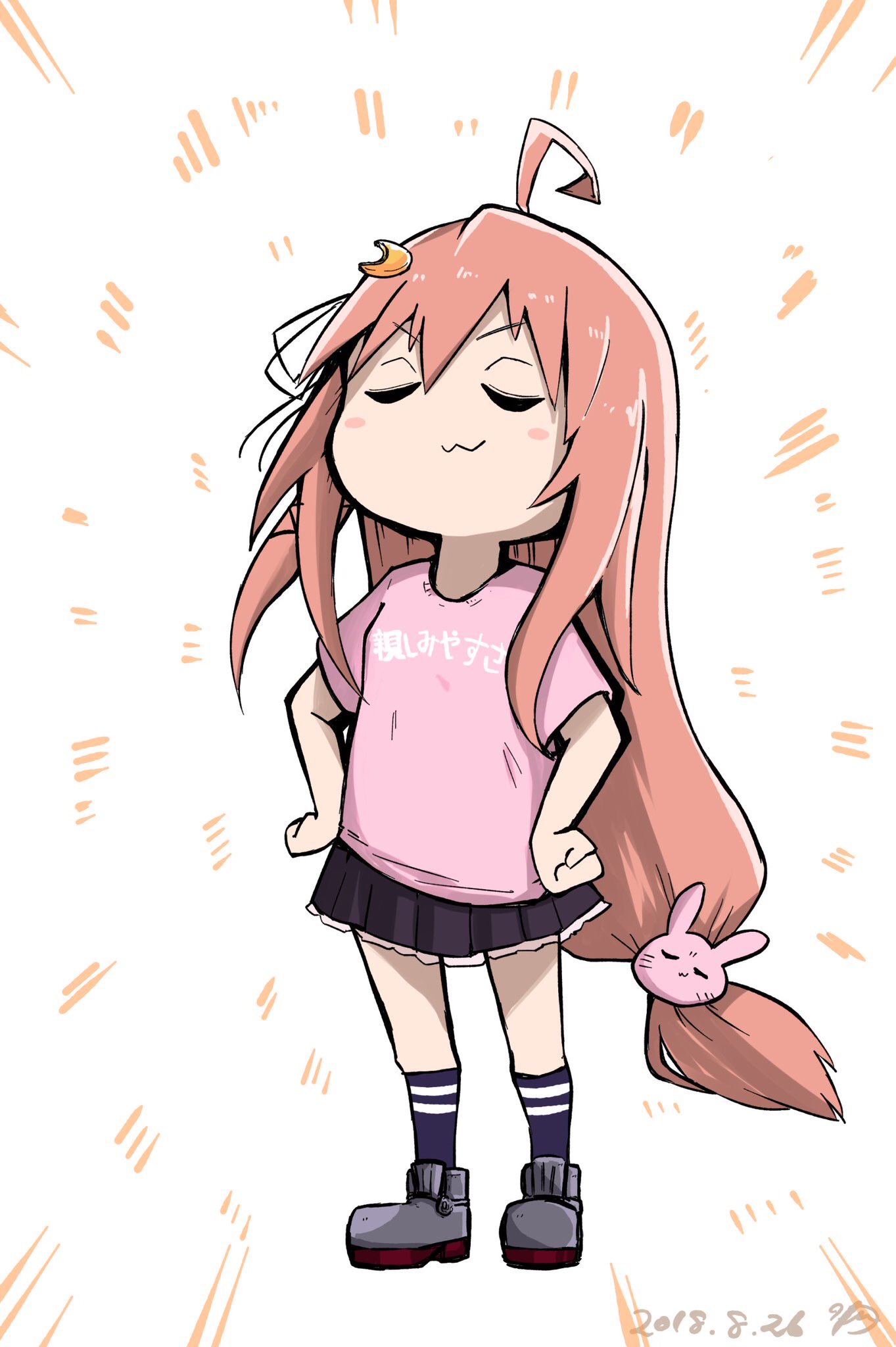 1girl, :3, ahoge, black_skirt, bunny_hair_ornament, closed_eyes, clothes_writing, crescent