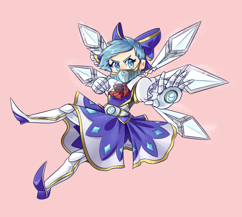 (9), +_+, 1girl, aiming, android, blue_dress, blue_eyes, blue_hair, cirno, cirno_(cosplay), cosplay, crossover, dress, floating, frost_(mortal_kombat), full_body, highres, ice, ice_wings, littlefish101, looking_at_viewer, mask, mortal_kombat, pink_background, short_hair, simple_background, solo, touhou, v-shaped_eyebrows, wings