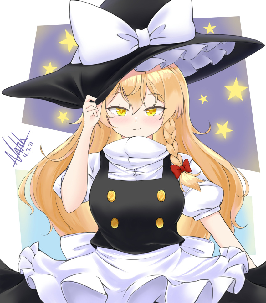 1girl, absurdres, apron, bangs, black_headwear, black_vest, blonde_hair, bow