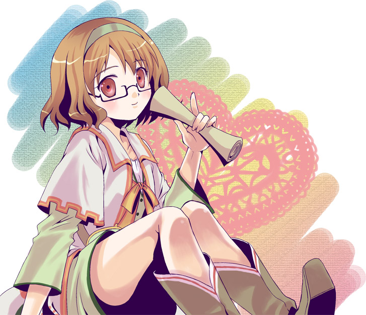 blush, boots, brown_eyes, brown_hair, collarbone, glasses, hairband, mako_(pixiv929183)