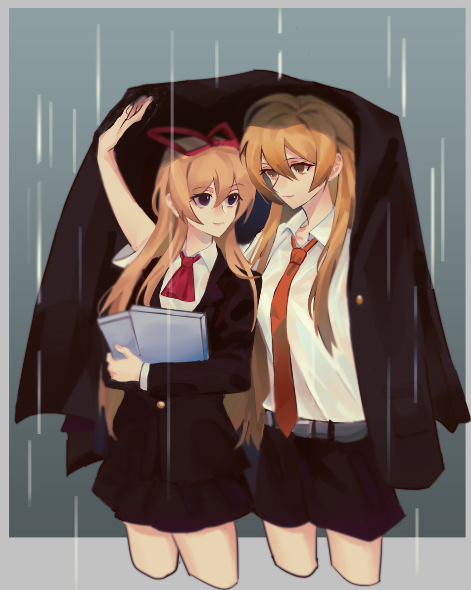 2girls, arms_up, arong, bangs, belt, black_jacket, black_shorts, black_skirt
