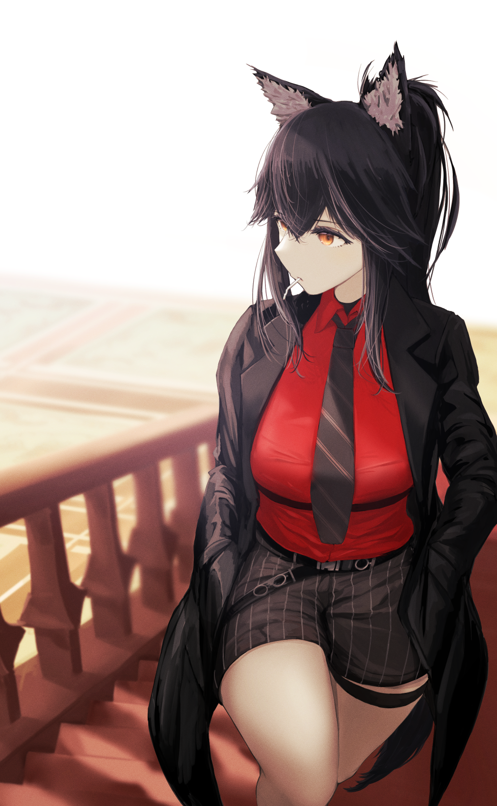 1girl, animal_ears, arknights, belt, black_belt, black_hair, black_neckwear, black_shorts