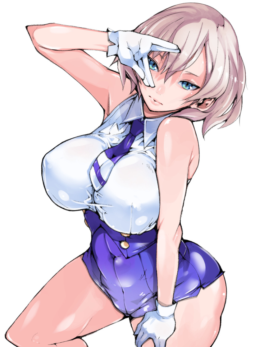 1girl, absurdres, bare_shoulders, blue_eyes, breasts, brown_hair, corset, covered_nipples, gridman_universe, hand_on_thigh, highres, impossible_clothes, instance_domination, large_breasts, looking_at_viewer, medium_hair, mujina, necktie, off_shoulder, purple_corset, purple_shorts, shorts, simple_background, smile, solo, ssss.dynazenon, takayama_toshinori, white_background