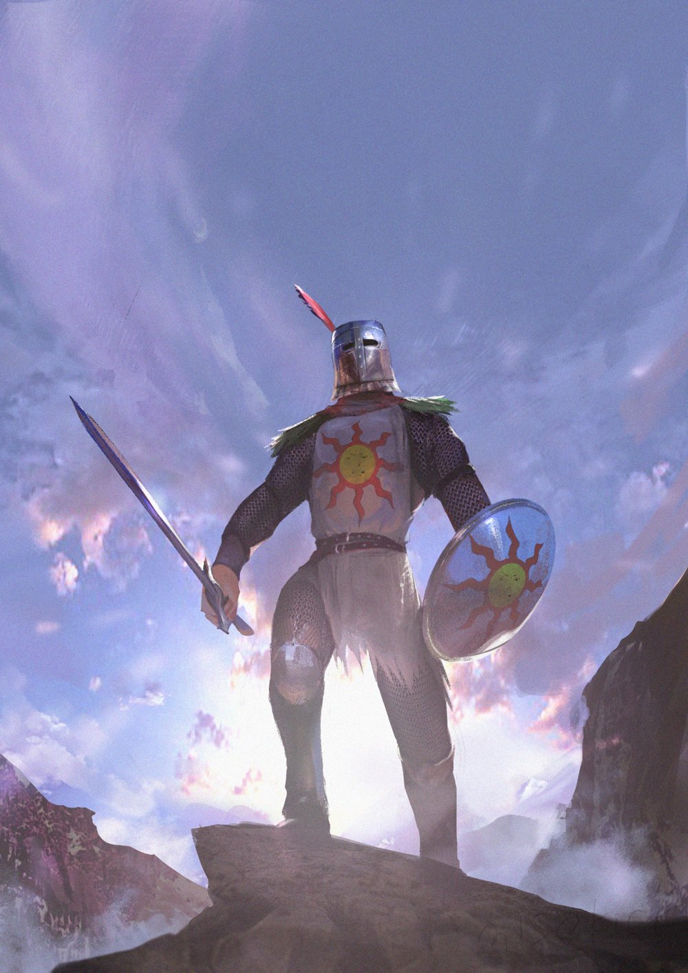 1boy, armor, blue_sky, covered_face, dark_souls_i, day, full_armor, helmet