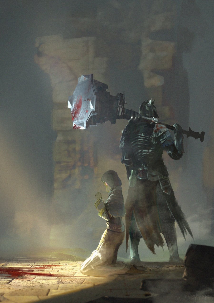 1boy, 1girl, armor, blood, blood_splatter, bloody_weapon, brown_skirt, dark_souls_iii