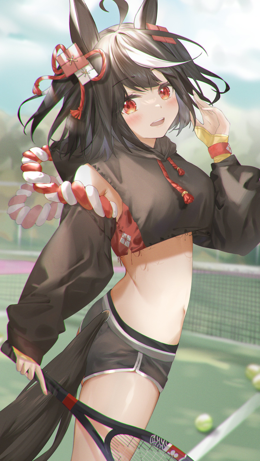 1girl, :d, absurdres, ahoge, animal_ears, ball, bare_shoulders, black_hair