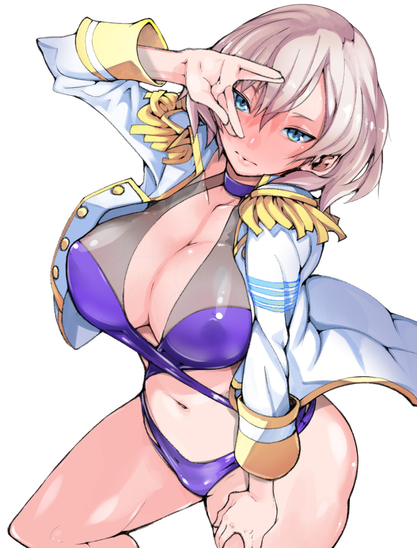 1girl, absurdres, bare_shoulders, blue_eyes, breasts, brown_hair, covered_nipples, gridman_universe, hand_on_thigh, highres, instance_domination, jacket, large_breasts, looking_at_viewer, medium_hair, mujina, one-piece_swimsuit, purple_swimsuit, see-through, simple_background, smile, solo, ssss.dynazenon, swimsuit, swimsuit_under_clothes, takayama_toshinori, veins, veiny_breasts, white_background, white_jacket