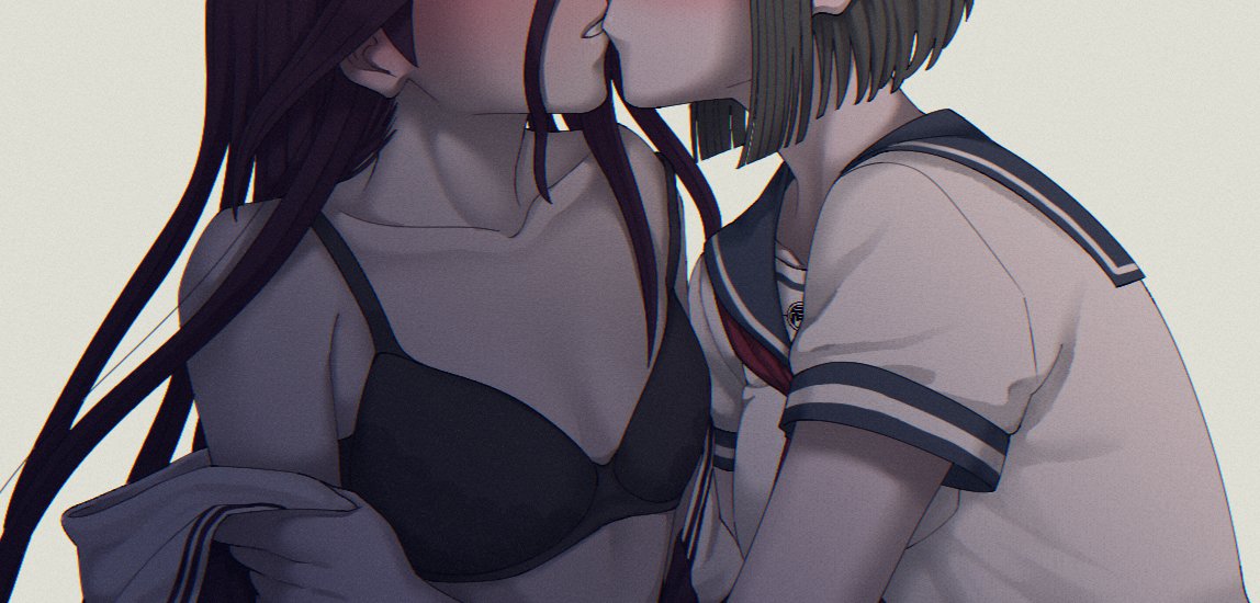 2girls, ahoge, bare_shoulders, black_bra, black_hair, bra, breasts, brown_hair