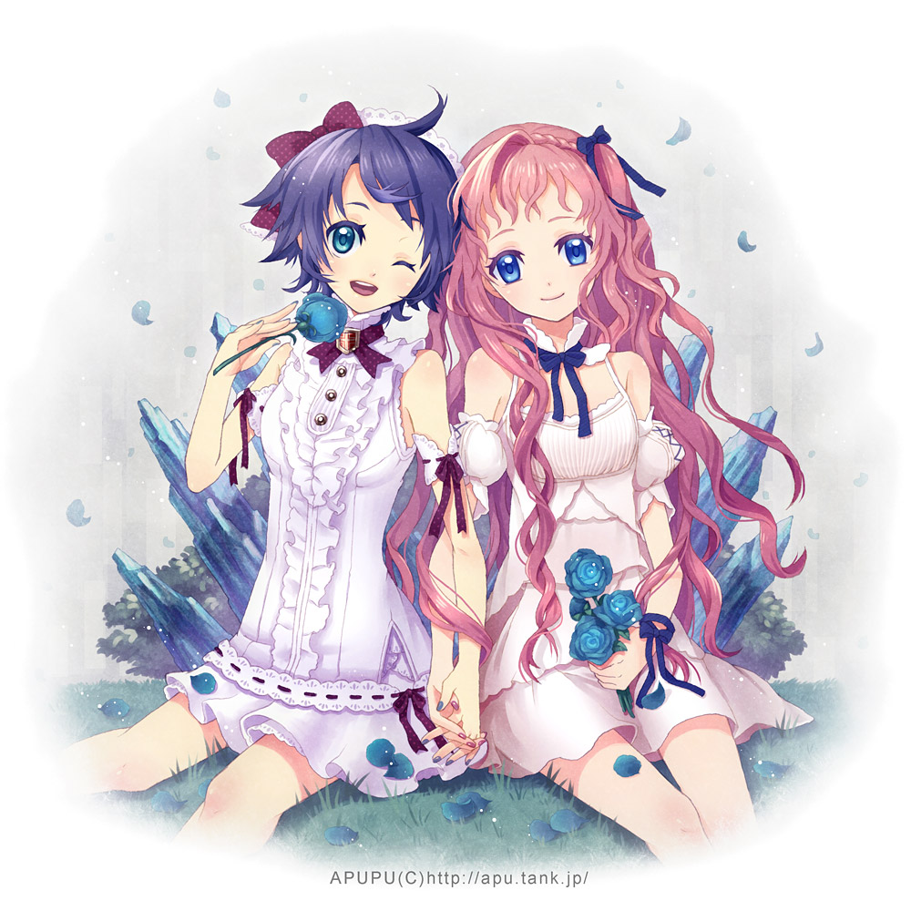 apupu, blue_eyes, dress, flower, hand_holding, holding_hands, multiple_girls, original