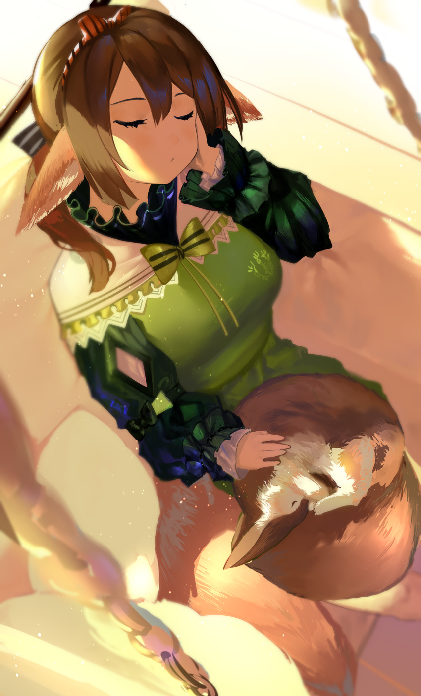 024th, 1girl, absurdres, animal_ears, animal_on_lap, arknights, bangs, bow