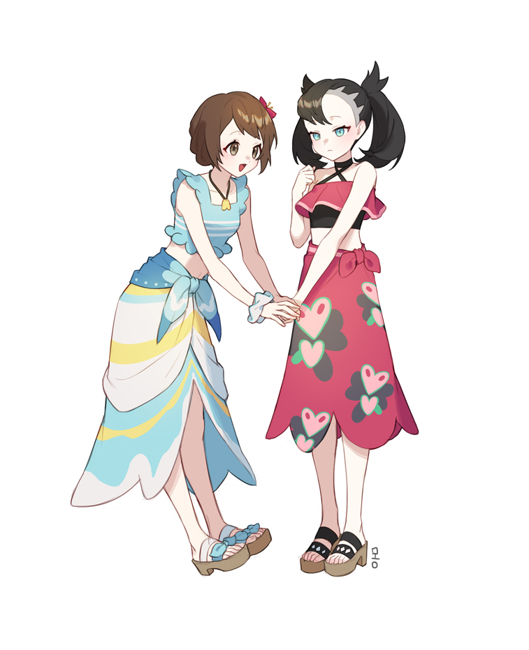 2girls, :d, asymmetrical_bangs, bangs, bare_arms, black_choker, black_hair, blue_sarong