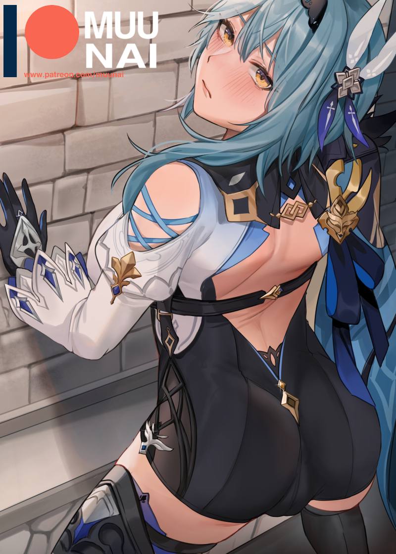 1girl, artist_name, ass, back_cutout, bangs, bare_back, black_gloves, black_hairband