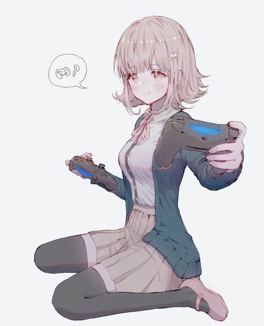 1girl, bangs, black_legwear, black_shirt, blush, brown_skirt, closed_mouth, collared_shirt