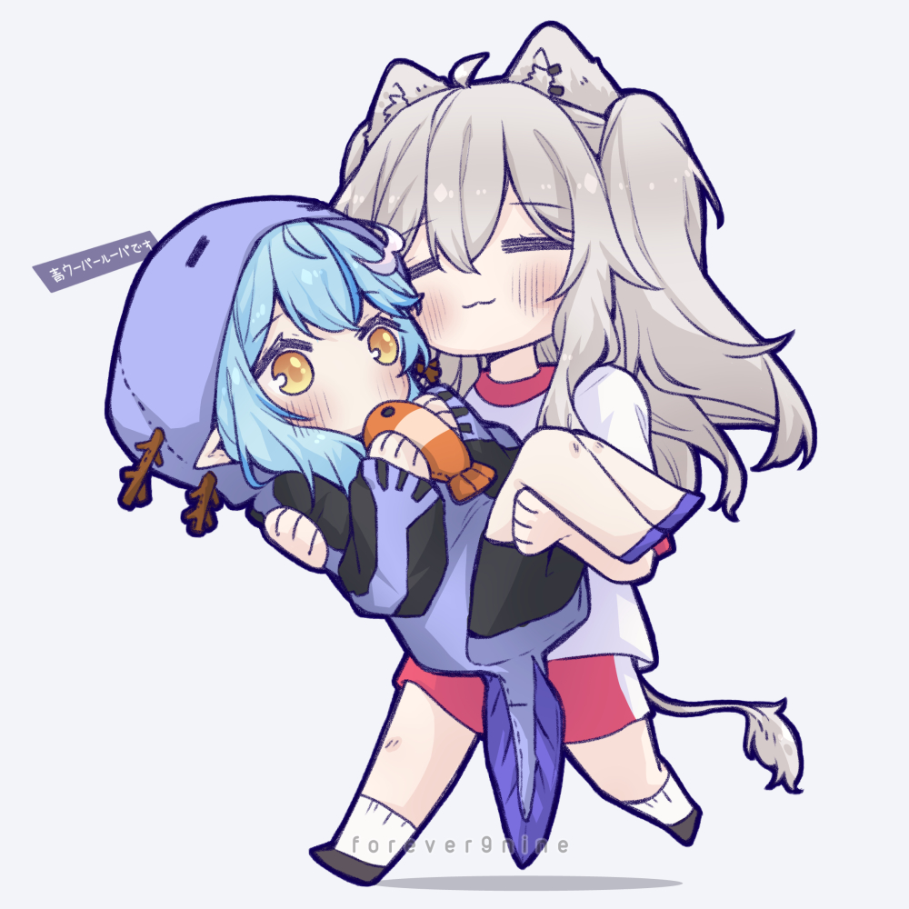2girls, =_=, animal_ear_fluff, animal_ears, artist_name, axolotl_costume, bangs, blue_hair