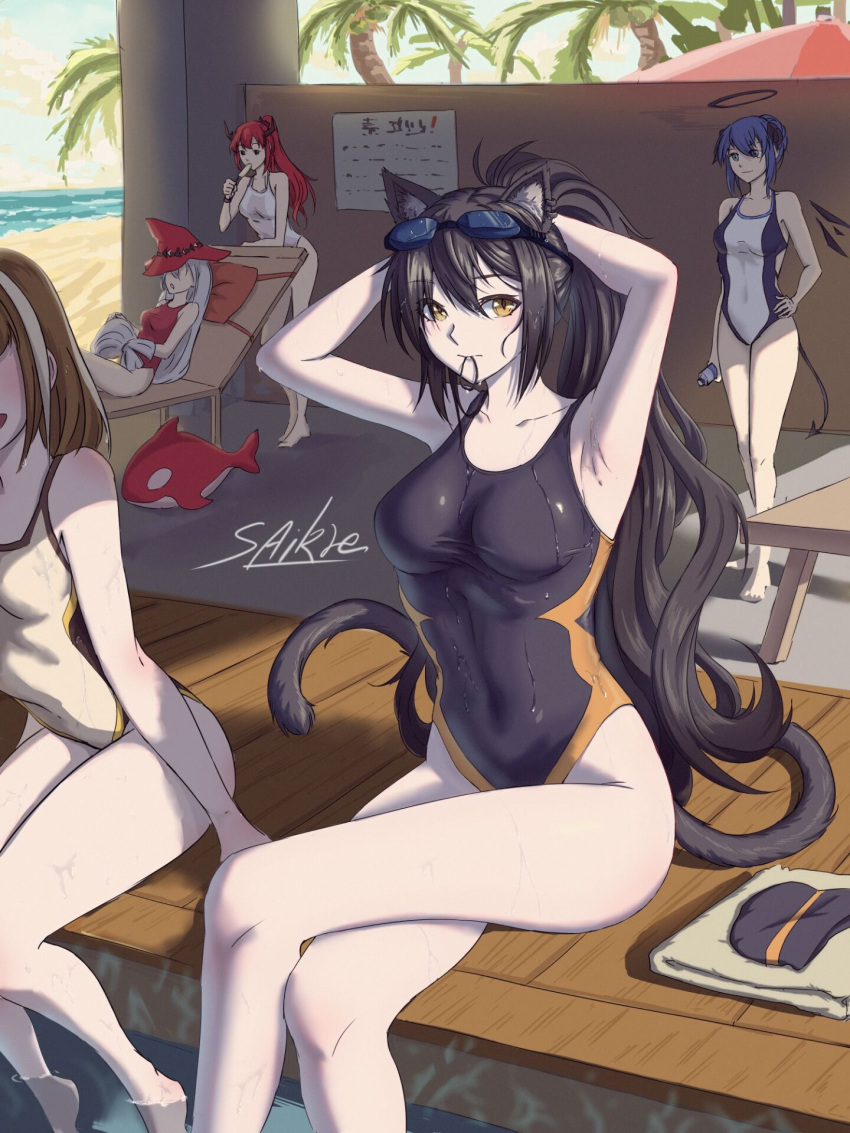 5girls, alternate_hair_color, animal_ears, arknights, armpits, arms_up, artist_name, bangs