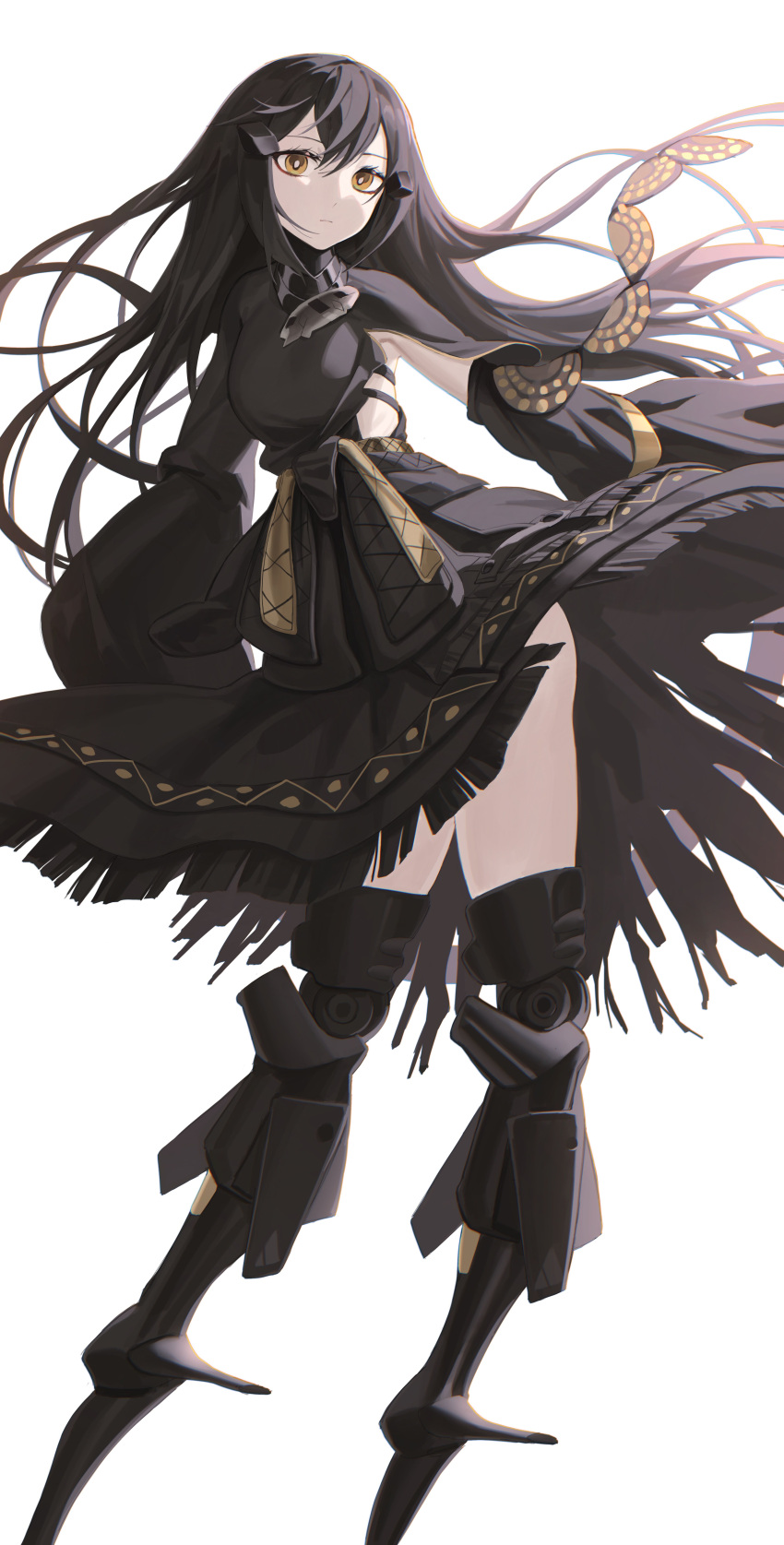 1girl, absurdres, android, black_hair, dandelion_(girls_frontline), dress, expressionless, girls_frontline, highres, long_hair, mechanical_legs, nyto_(girls_frontline), rui_(rei_leyi), solo, very_long_hair, yellow_eyes