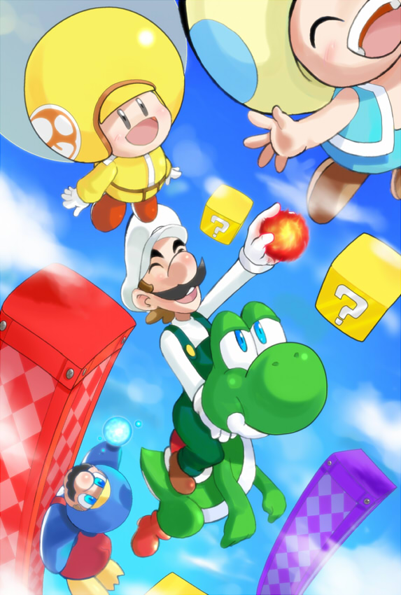 ^_^, animal_costume, arashi, blue_eyes, boots, closed_eyes, cloud, clouds, coin_block, facial_hair, fireball, hat, iceball, jumpsuit, luigi, mario, mustache, new_super_mario_bros._wii, nintendo, open_mouth, penguin_costume, penguin_suit, propeller, sky, super_mario_bros., toad, yoshi