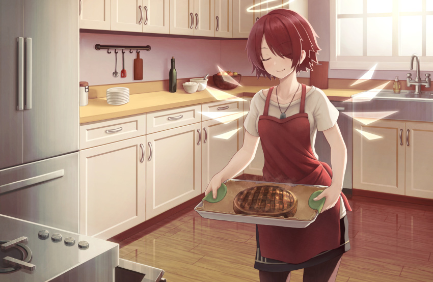 1girl, anidante, apple_pie, arknights, bangs, black_skirt, breasts, closed_eyes