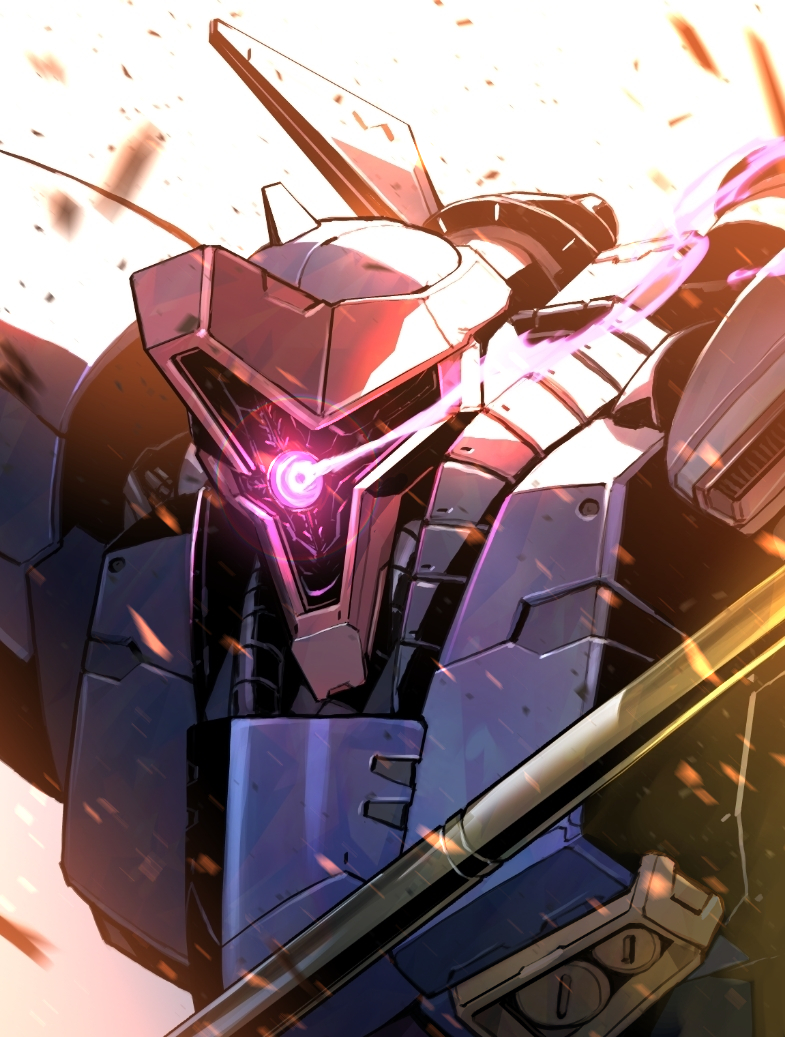 dreissen, embers, glowing, glowing_eye, gundam, gundam_zz, kuri_giepi, looking_down