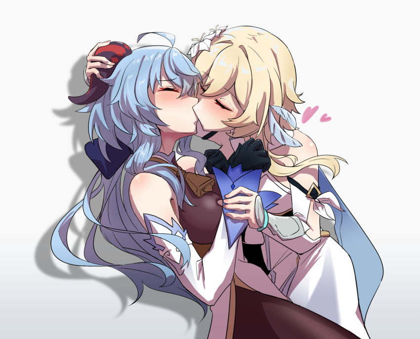 2girls, ahoge, arm_up, bangs, bare_shoulders, black_gloves, blonde_hair, blue_bow, blue_hair, blush, bow, brown_bodysuit, closed_eyes, commentary_request, curled_horns, detached_sleeves, dress, eyebrows_visible_through_hair, facing_another, flower, ganyu_(genshin_impact), genshin_impact, gloves, grey_background, hair_between_eyes, hair_bow, hair_flower, hair_ornament, heart, highres, horns, kaiven, kiss, long_sleeves, low_ponytail, lumine_(genshin_impact), multiple_girls, ponytail, simple_background, white_dress, white_flower, white_sleeves, wrist_grab, yuri