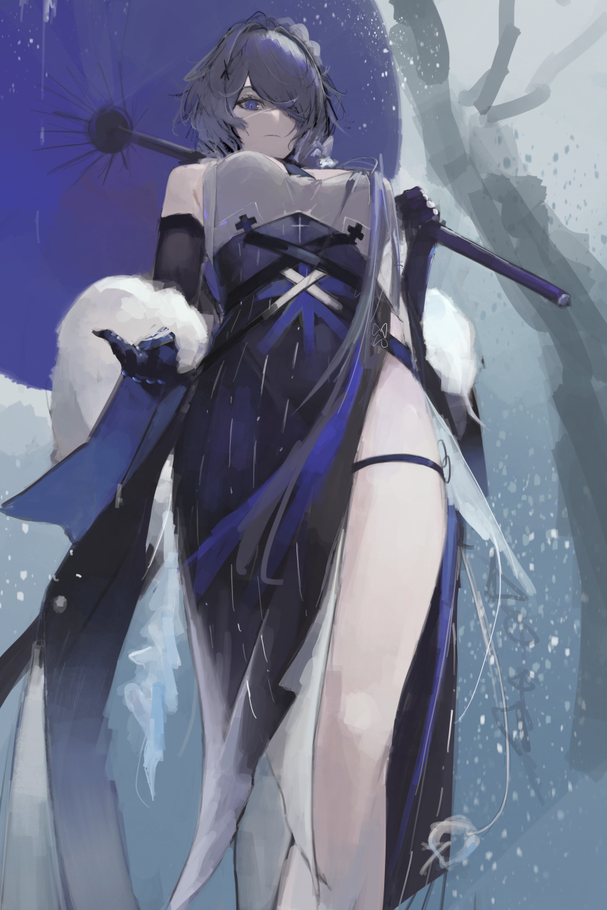 1girl, absurdres, arknights, black_dress, black_umbrella, closed_mouth, dress, from_below, fur_shawl, hair_over_one_eye, highres, holding, holding_umbrella, looking_at_viewer, looking_down, mm30212, official_alternate_costume, one_eye_covered, outdoors, purple_hair, short_hair, side_slit, solo, thigh_strap, umbrella, violet_eyes, whisperain_(arknights), whisperain_(tremble_cold)_(arknights)