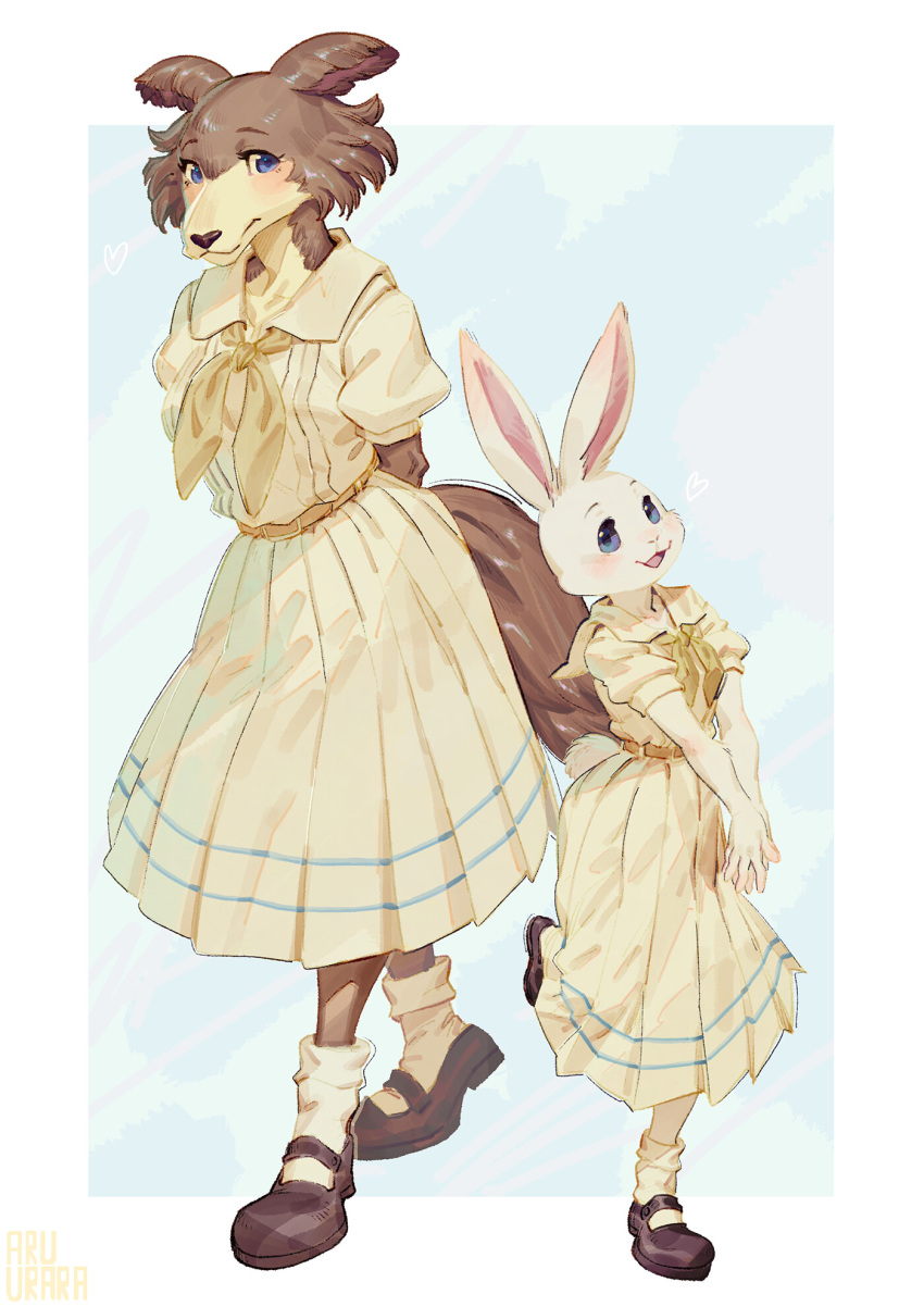 2girls, animal_ears, arms_behind_back, artist_name, beastars, blue_eyes, blush, bow
