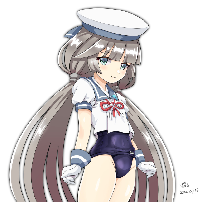 1girl, artist_name, blue_sailor_collar, blue_swimsuit, dated, gloves, green_eyes, grey_hair