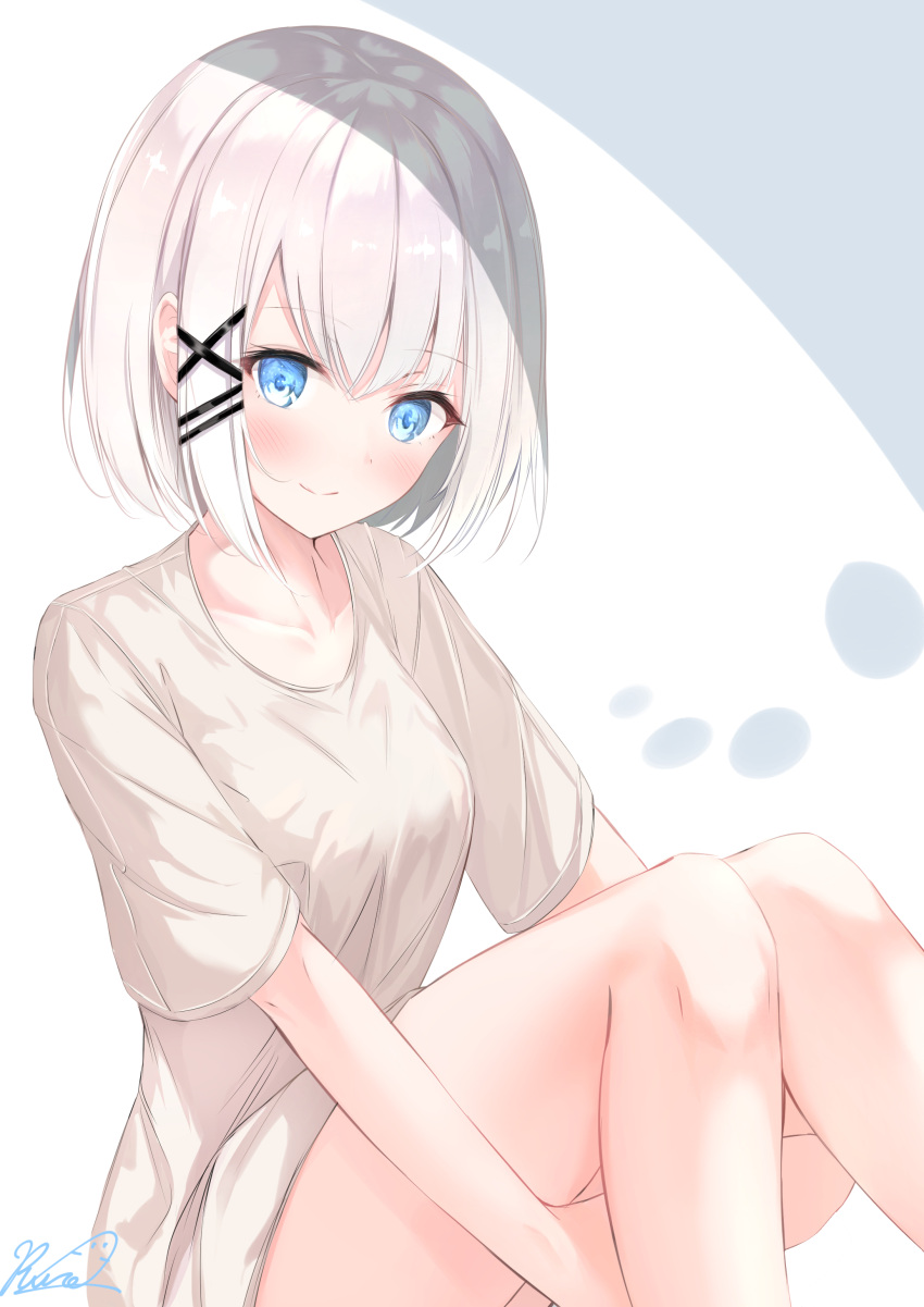 1girl, absurdres, bangs, bare_legs, blue_eyes, blush, breasts, commentary_request