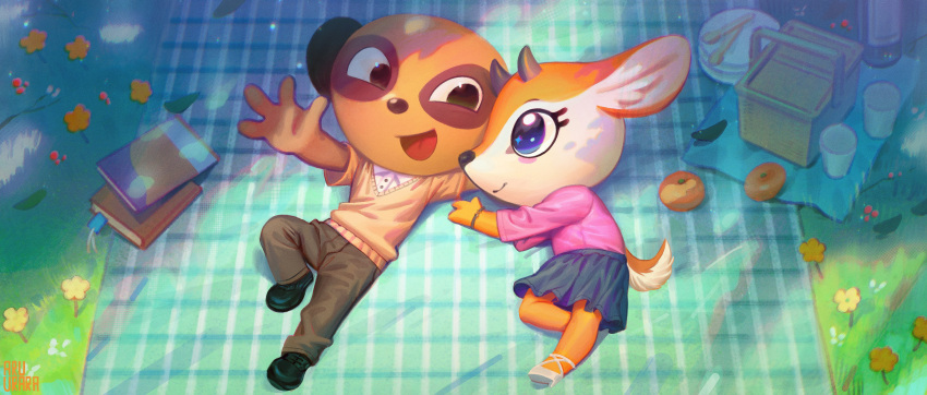 1boy, 1girl, absurdres, aggressive_retsuko, animal_ears, animal_nose, artist_name, basket