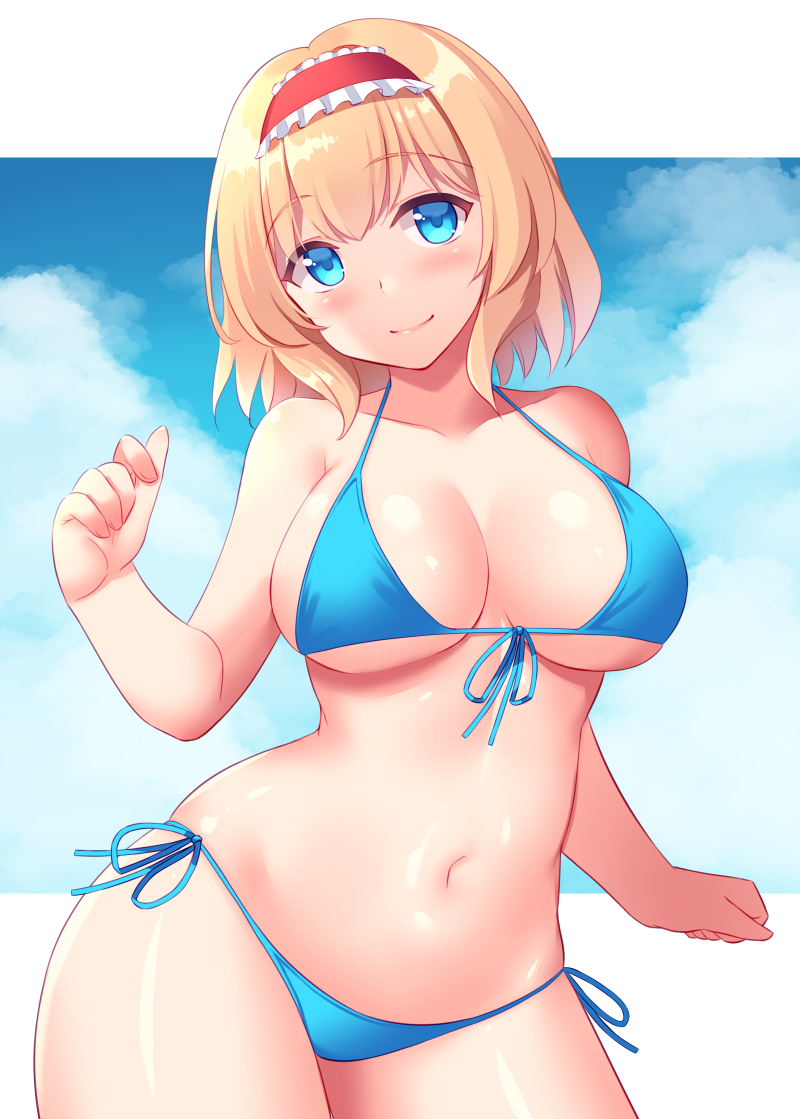 1girl, alice_margatroid, bangs, bikini, blonde_hair, blue_bikini, blue_eyes, blue_sky