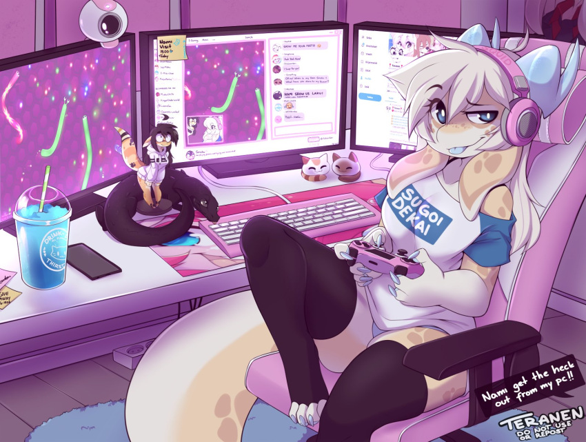 1girl, black_legwear, blue_eyes, blue_tongue, chair, colored_tongue, cup, eyebrows_visible_through_hair