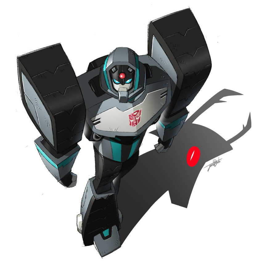 absurdres, autobot, blue_eyes, clenched_hands, decepticon, from_above, highres, jeetdoh, longarm_(transformers), mecha, one-eyed, red_eyes, science_fiction, shadow, shockwave_(transformers), signature, solo_focus, transformers, transformers_animated