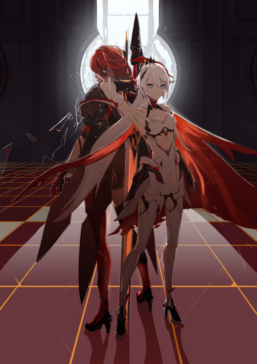 2girls, absurdres, antenna_hair, arm_behind_back, armpits, back, bangs, bare_shoulders