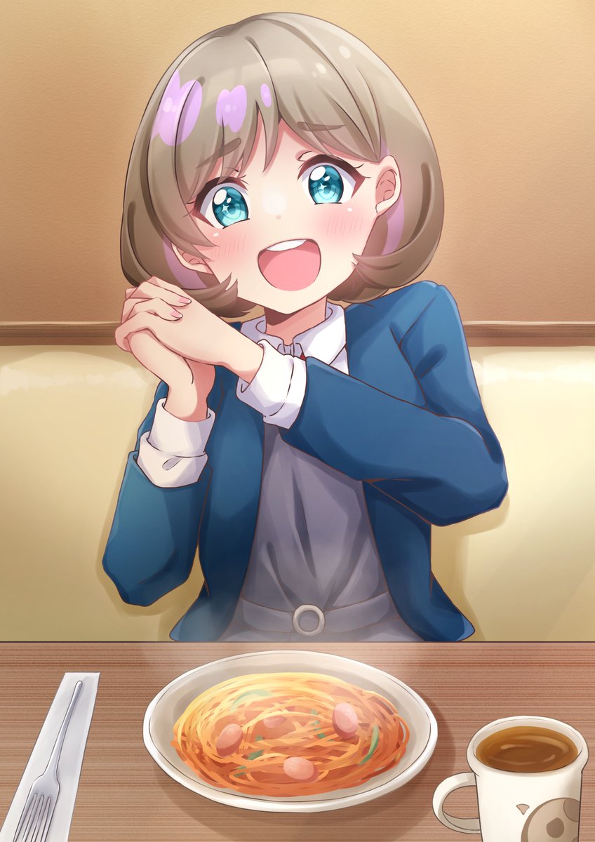 1girl, aqua_eyes, blue_jacket, coffee, coffee_mug, commentary_request, cup, excited