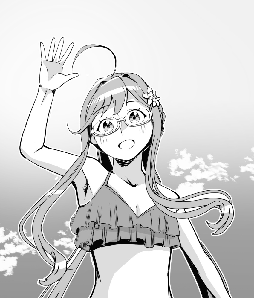 1girl, ahoge, bikini, braid, clouds, crown_braid, frilled_bikini, frills