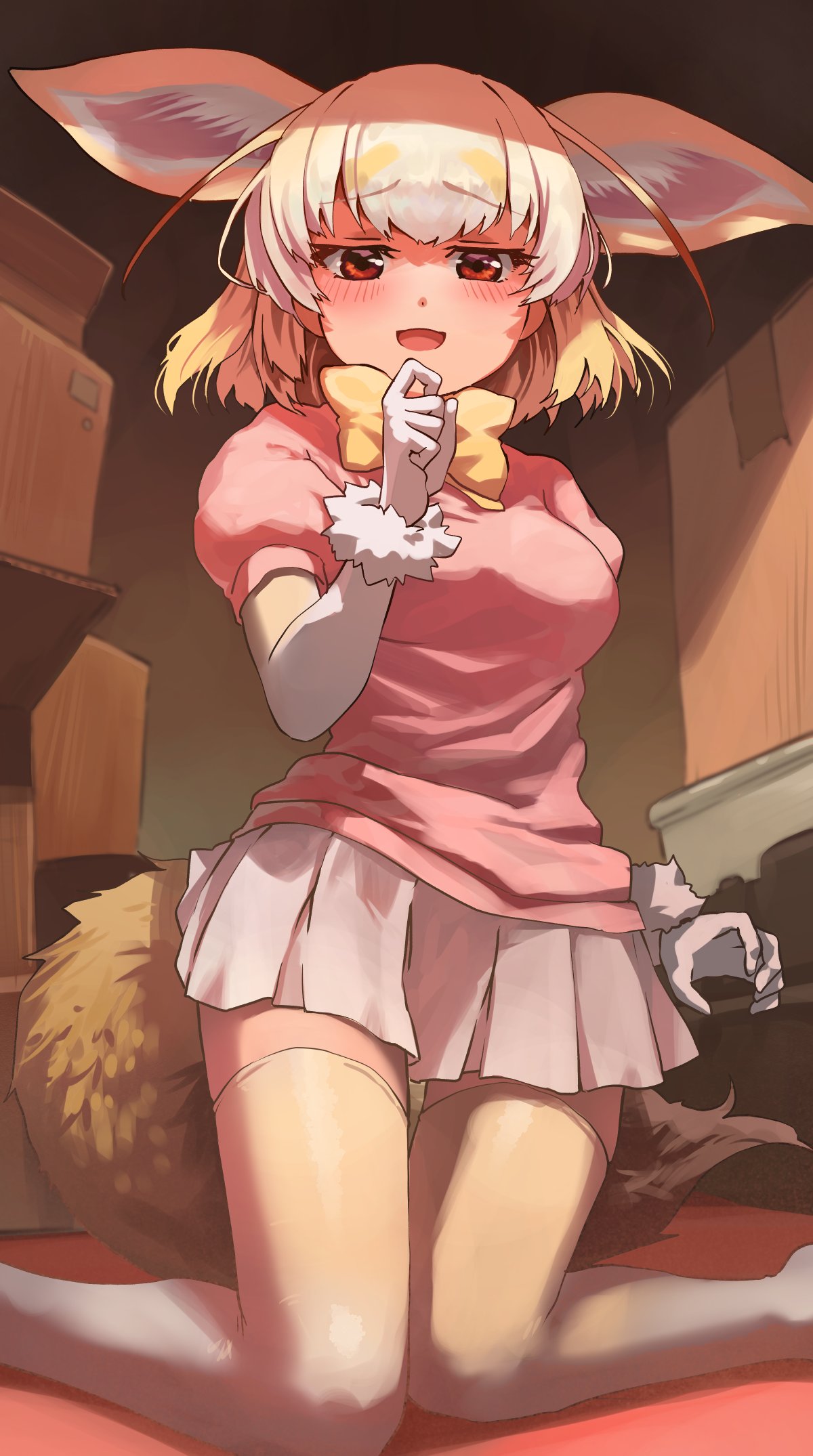 1girl, animal_ears, blonde_hair, bow, bowtie, box, cardboard_box, commentary_request