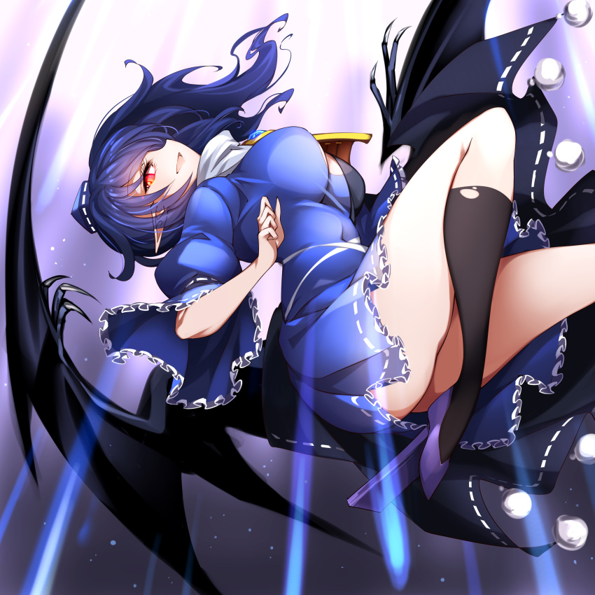 1girl, absurdres, black_legwear, blue_dress, blue_footwear, blue_hair, dress, frilled_dress