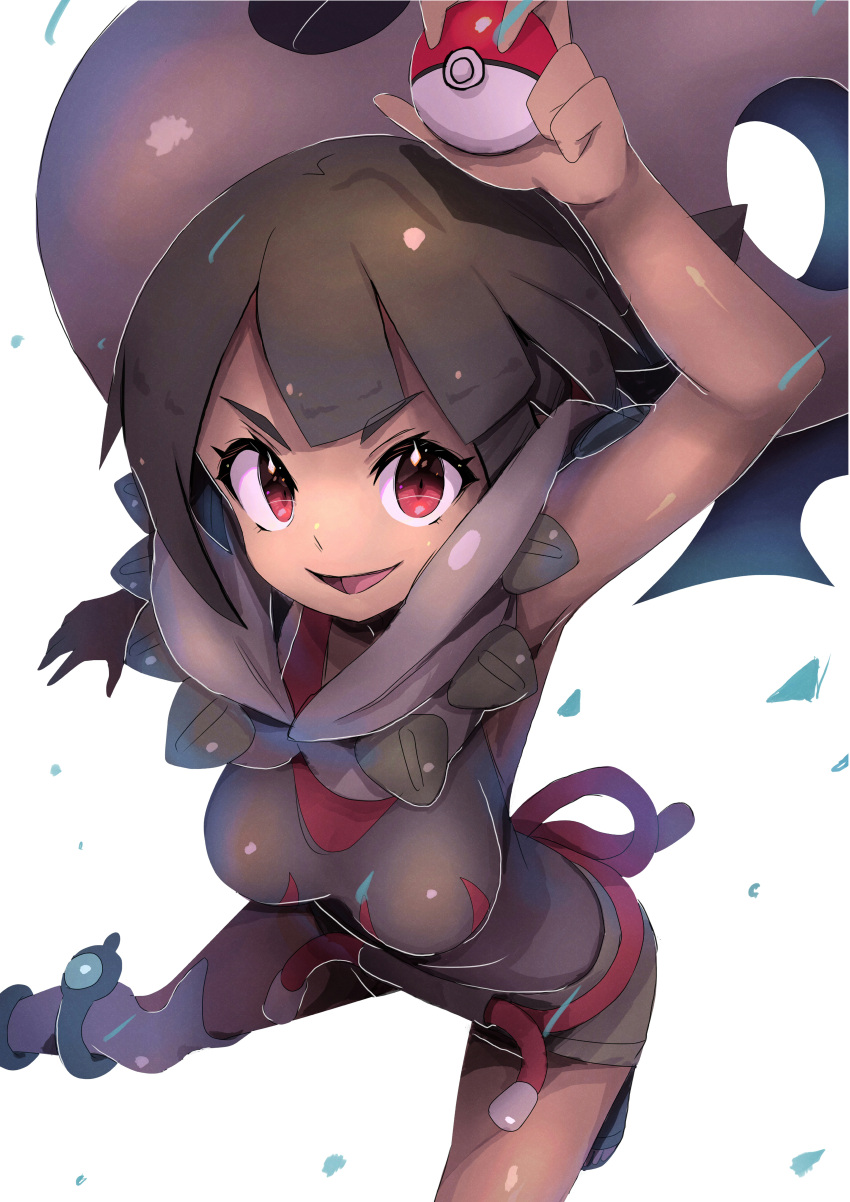 1girl, absurdres, anklet, arm_up, bangs, belt, breasts, brown_hair, cloak, commentary, dark_skin, eyelashes, grey_legwear, grey_shorts, highres, holding, holding_poke_ball, jewelry, legs_apart, looking_at_viewer, open_mouth, over-kneehighs, poke_ball, pokemon, pokemon_(game), pokemon_oras, red_belt, red_eyes, rope_belt, shirt, short_hair, short_shorts, shorts, smile, solo, thigh-highs, tongue, yaguchi_sumiharu, zinnia_(pokemon)