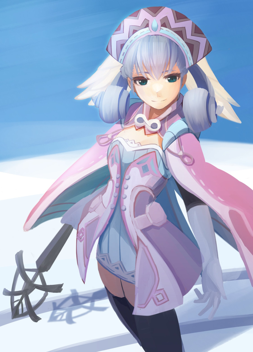 1girl, absurdres, black_legwear, breasts, cape, cowboy_shot, dress, gloves, green_eyes, hat, head_wings, highres, ichthys_spnov, melia_antiqua, shadow, short_dress, silver_hair, smile, solo, staff, thigh-highs, white_gloves, xenoblade_chronicles, xenoblade_chronicles_(series)