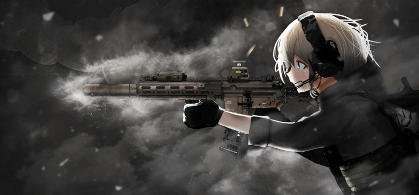 1girl, assault_rifle, backpack, bag, black_gloves, call_of_duty, casing_ejection, commentary_request