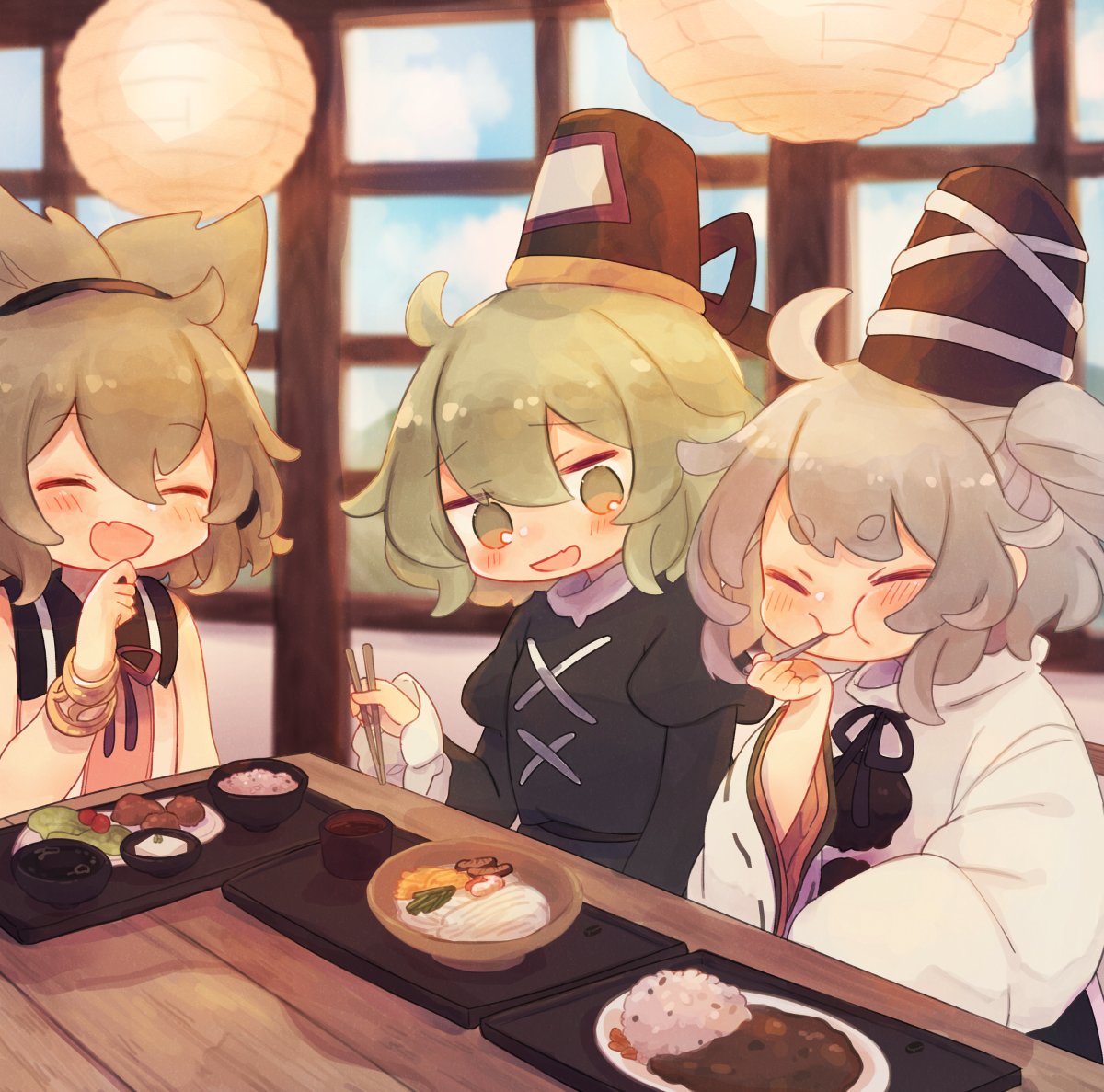 3girls, :i, ahoge, alternate_hairstyle, ashiyu_(ashu-ashu), bangs, bare_shoulders, beige_blouse