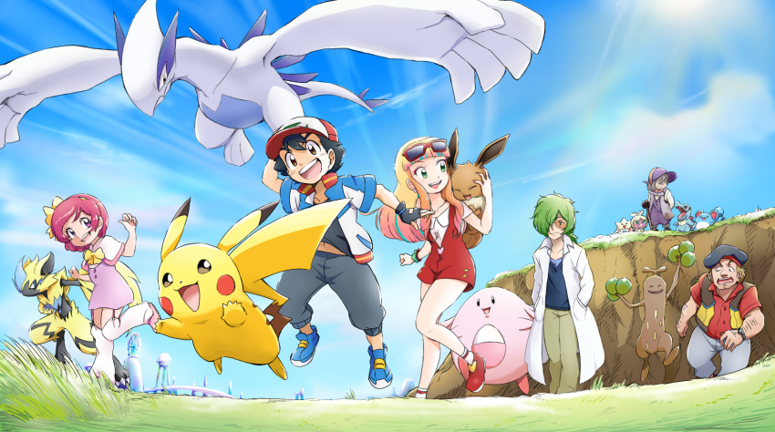 3boys, 3girls, :d, arm_hair, ash_ketchum, ayo_(ayosanri009), bangs, baseball_cap