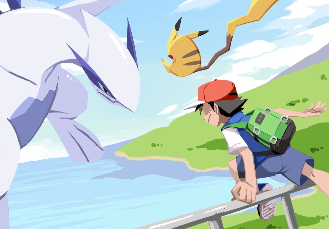 1boy, ash_ketchum, ayo_(ayosanri009), backpack, bag, baseball_cap, blue_jacket, brown_hair